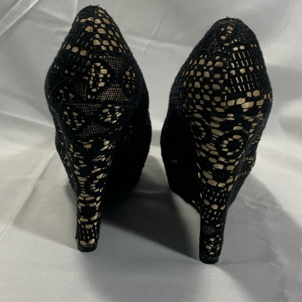 Charlotte Russe Black Lace Over Gold Satin Platform Wedge Heels